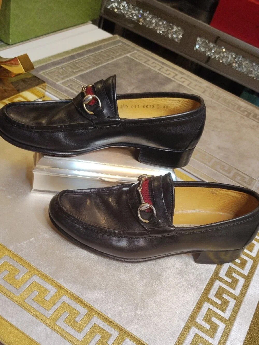 Vintage 1950's Gucci Black Leather Horsebit Loafers with Red Stripe Size 42